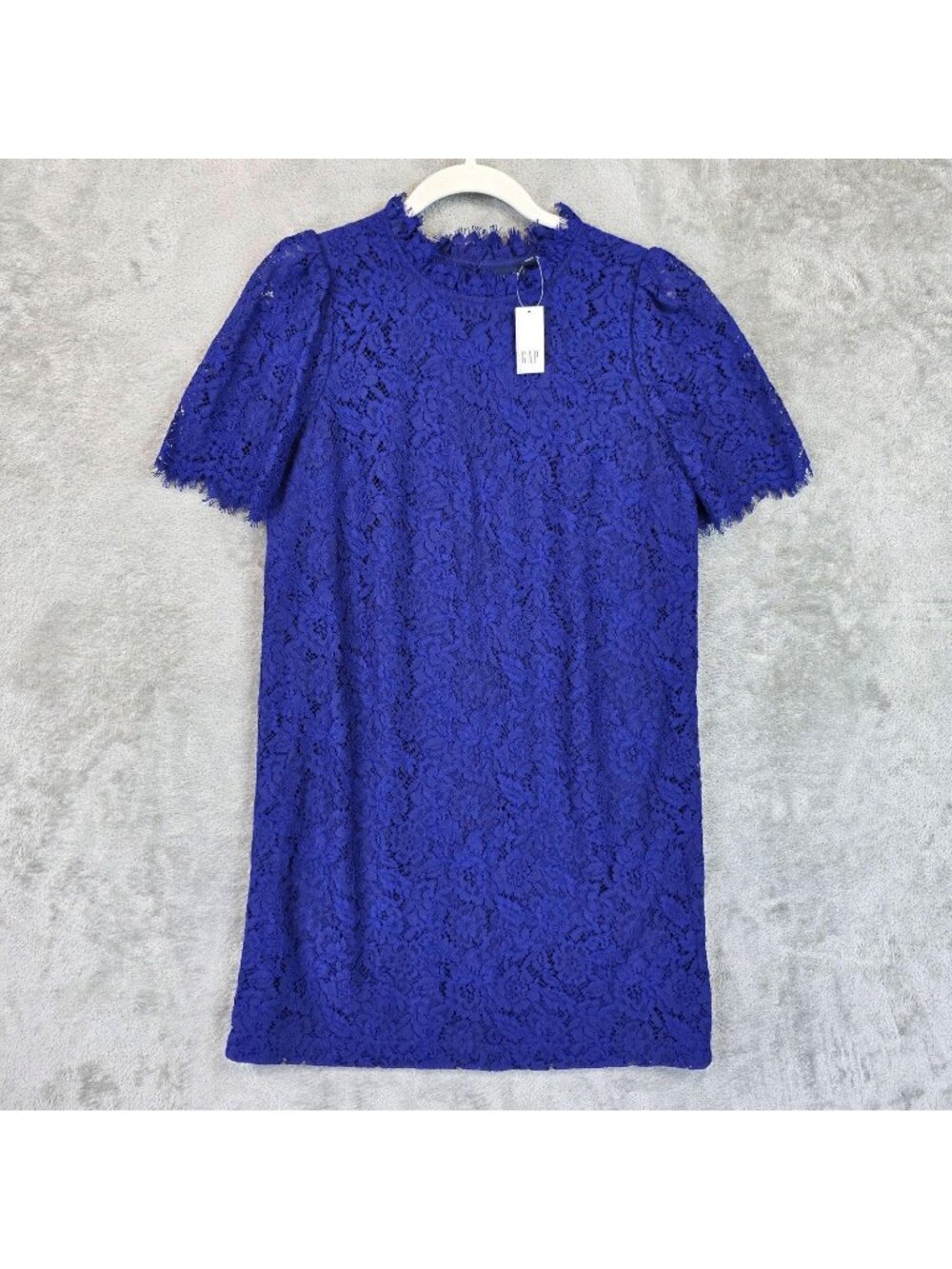 GAP Dress Womens M Blue Floral Lace High Neck Puff Sleeve Shift Mini Party